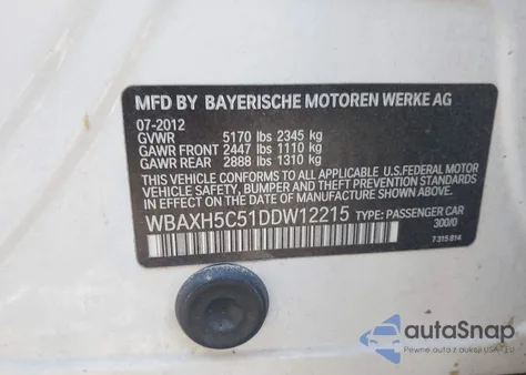 2013 BMW 528I xDrive из США, поврежденный, VIN WBAXH5C51DDW12215